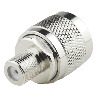 Adaptador Coaxial RF / N Macho a F Hembra / Montaje en Línea / Bronce Niquelado / Contacto Oro / Teflón / -20℃ a 80℃