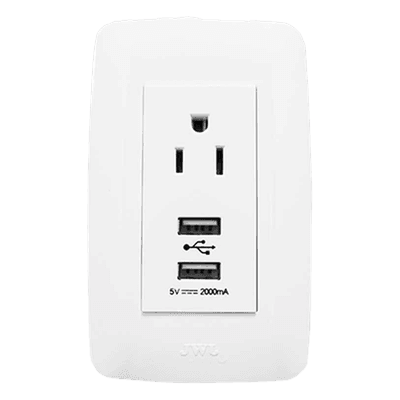 Contacto Sencillo / 15 A / 127 V CA / 2 USB 5 V CD 2 A / 11.8 x 7.8 x 3 cm / Blanco
