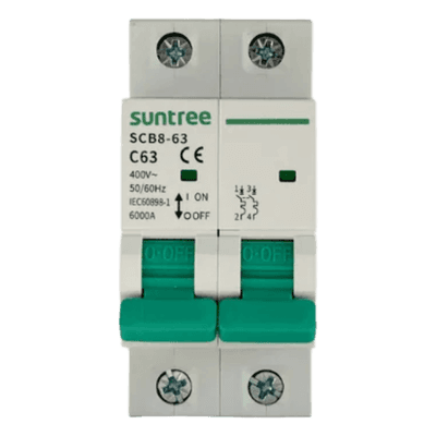 Interruptor Termomagnético / 2 Polos / 16 A / 400 Vca / Curva C / 6 kA / Riel DIN 35 mm / Aplicación Fotovoltaica