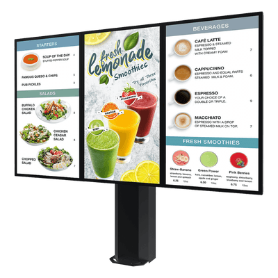 Kiosco digital exterior / 55" / IP65 / UL 48 / Base pedestal 8" / Rotación 30° / 3 pantallas / 1.83 m / Drive-thru