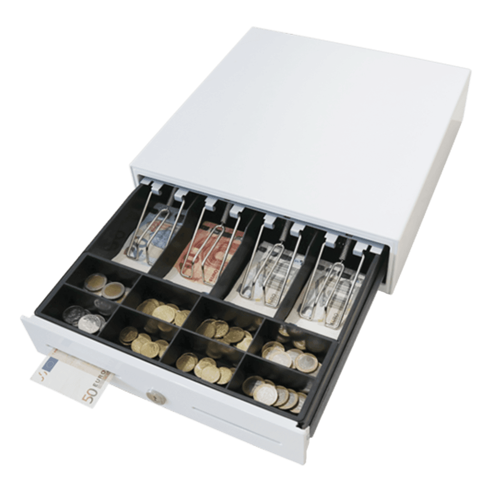 Cajón para Efectivo / Compacto 330 mm / 4 Billetes + 8 Monedas / Apertura RJ12 / Clips Metálicos / Punto de Venta