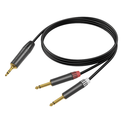 Cable de Audio Profesional / Plug 3.5 mm Estéreo a 2 Plugs 6.35 mm (1/4 in) Mono / Longitud 5 m (16.4 ft) / Conectores Chapados en Oro / Carcasa Negra