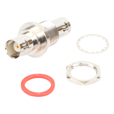 Adaptador Coaxial / Doble BNC Hembra / Montaje Chasis Hermético / D-Plano Frontal o Trasero / 50 Ω / Cuerpo Niquelado / Contacto Oro