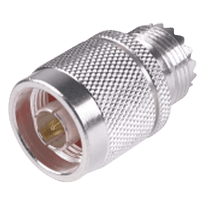 Adaptador Coaxial en Línea / Conector N Macho a UHF Hembra (SO-239) / Cuerpo Bronce Plateado / Contacto Oro / Aislante Teflón