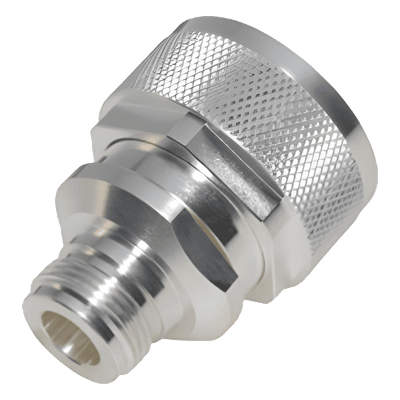 Adaptador de Conector RF / DIN 7-16 Macho a N Hembra / Montaje en Línea / Cuerpo Bronce Plateado / Aislante Teflón