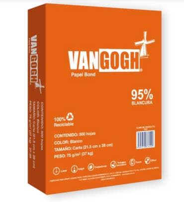 Papel tamaño carta color blanco marca VANGOGH 75gr 95 blancura 17502250376216 10 resmas con 500 hojas cada una desempeño 120 paginas por minuto 4.5 kg -