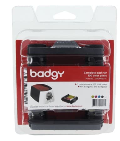 KIT de Consumible para BADGY 100 / 200 ( CBGP0001C ) incluye 1 cinta para 100 impresiones a color - 100 tarjetas de PVC blancas de 30 milésimas.