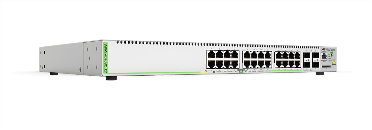 Switch ALLIED TELESIS PoE+ Administrable CentreCOM GS970M - Capa 3 de 24 Puertos 10/100/1000 Mbps + 4 SFP Gigabit, 370 W. AT-GS970M/28PS/10.