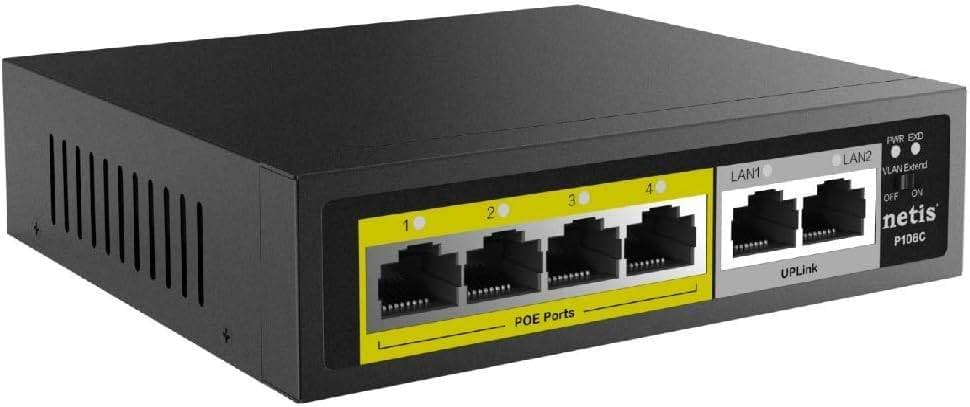 Netis Switch POE P106C - 4 Puertos POE y 2 Puertos Uplink, 60W, 100 Mbps, Watch Dog, Plug Play, 250 Mts de alcance en transmisión, No Administrable